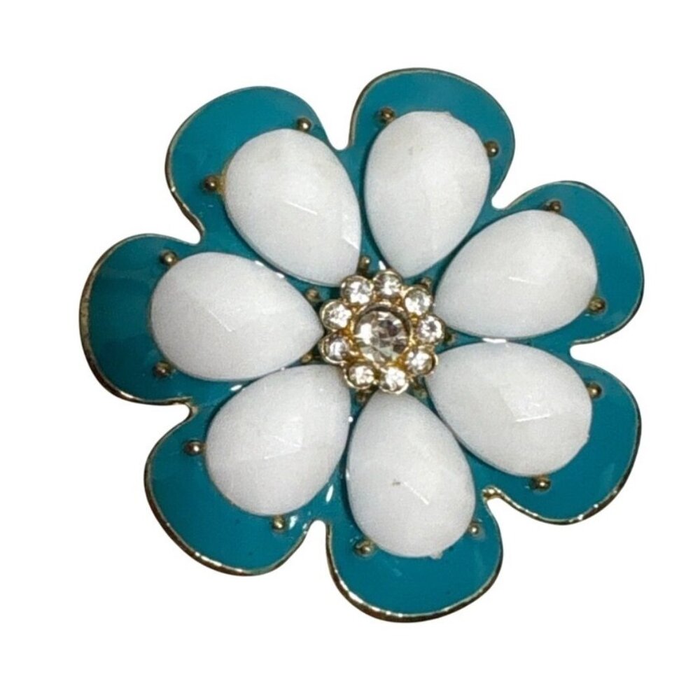 Flower Enamel Cocktail Ring Stretchy Teal White Petals And Rhinestone Center 2"